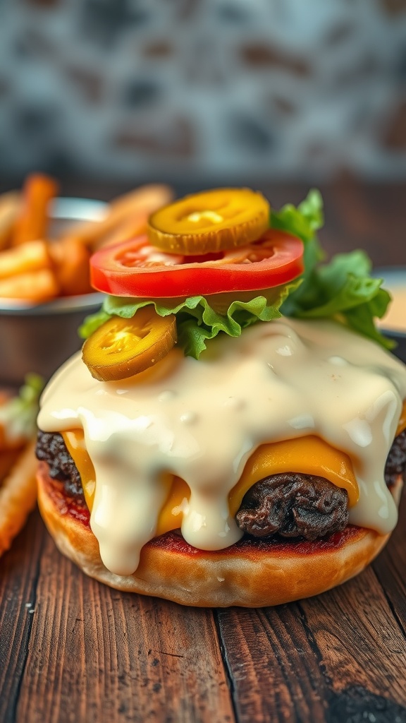 A juicy burger with 1954 sauce, cheese, lettuce, and tomato on a wooden table, with a bowl of sauce.